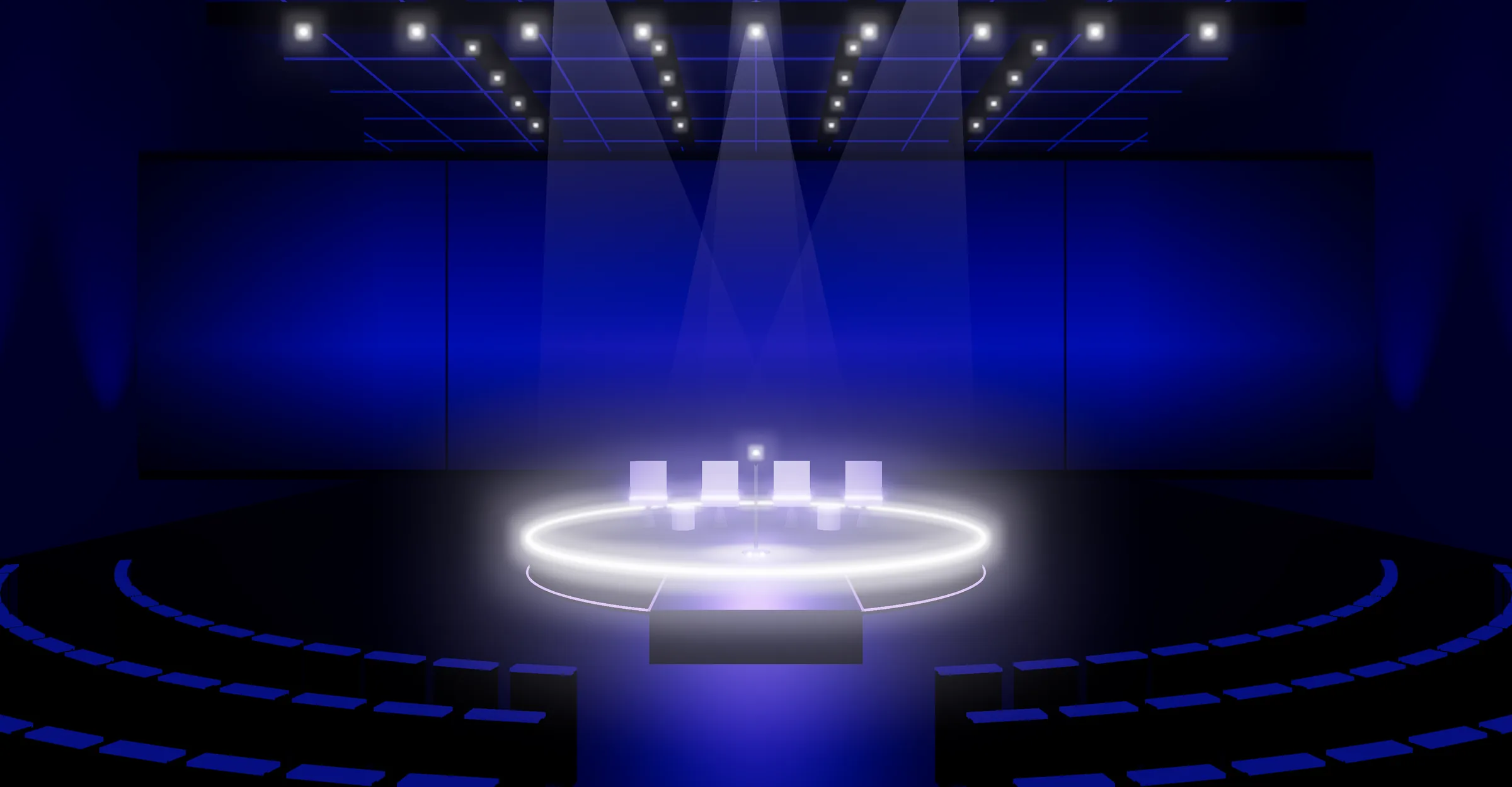 The DIW mainstage, empty: a microphone in a spotlight, four chairs, the DIW shape on a glowing dome